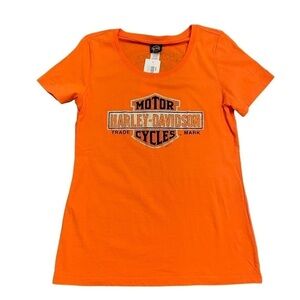 Harley Davidson Orange Short Sleeve Crew Neck T-shirt With Rhinestone Logo. Med.